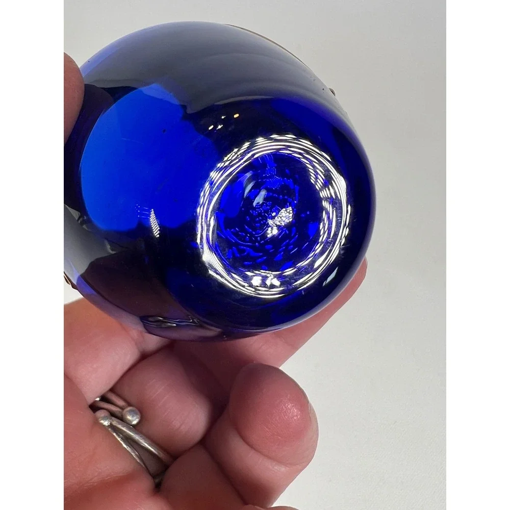 Vintage Murano Style Cobalt Blue Glass Bud Vase 24K Gold Enamel Flower 3.25